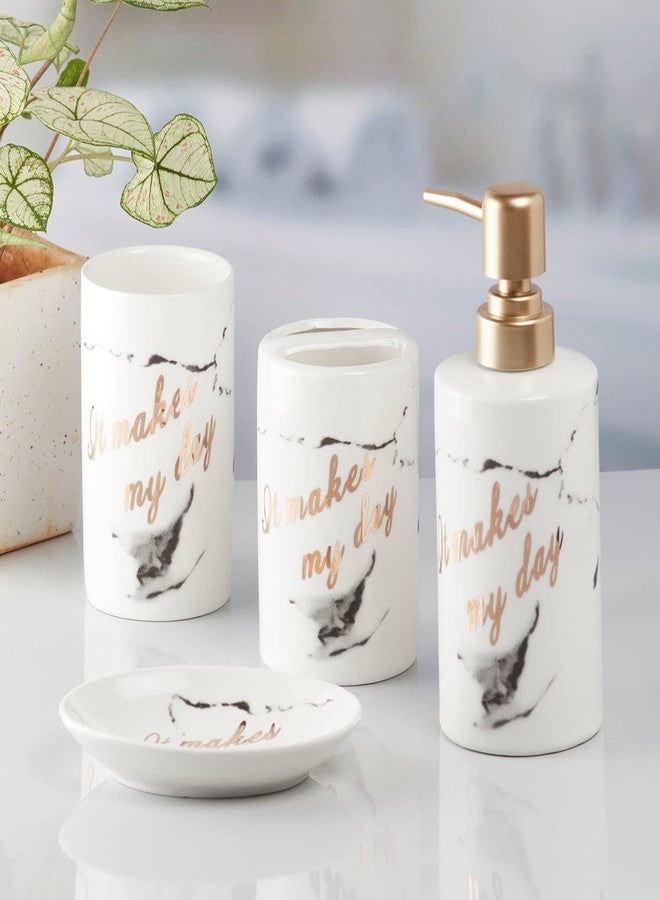 Kookee Ceramic Bathroom Set - Stylish 4 Piece Bath Accessories Kit with Soap Dispenser, Toothbrush Holder, Tumbler & Soap Dish - Modern & Designer Decor for Home & Guest Bathrooms, White/Gold (7694) - Image 3